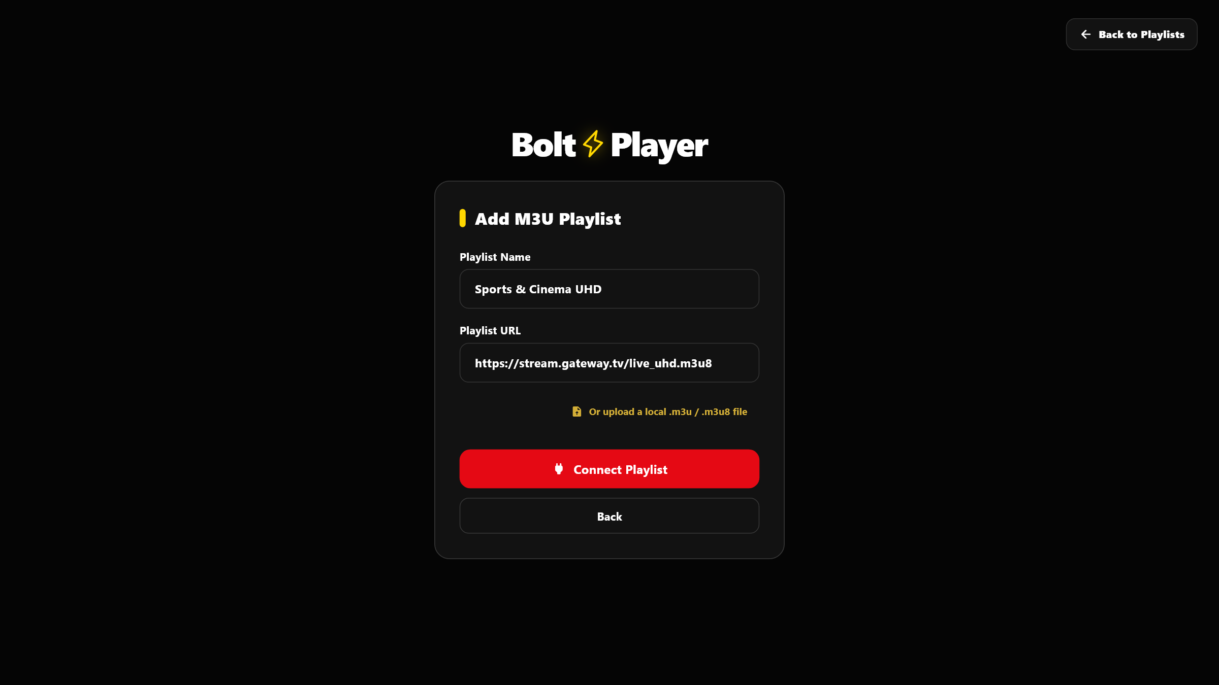 BoltPlayer M3U Playlist Screen