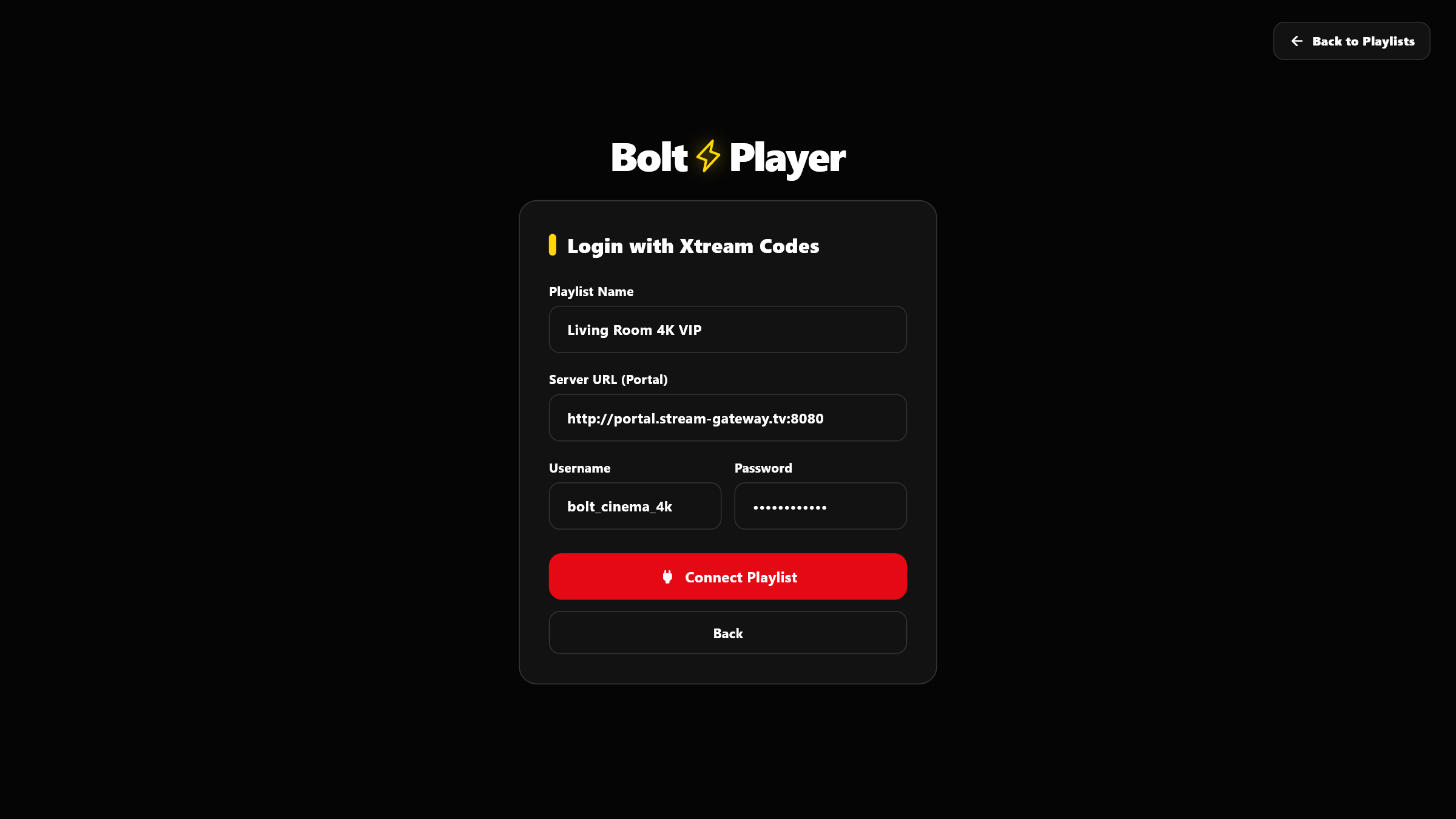 BoltPlayer Xtream Login Screen
