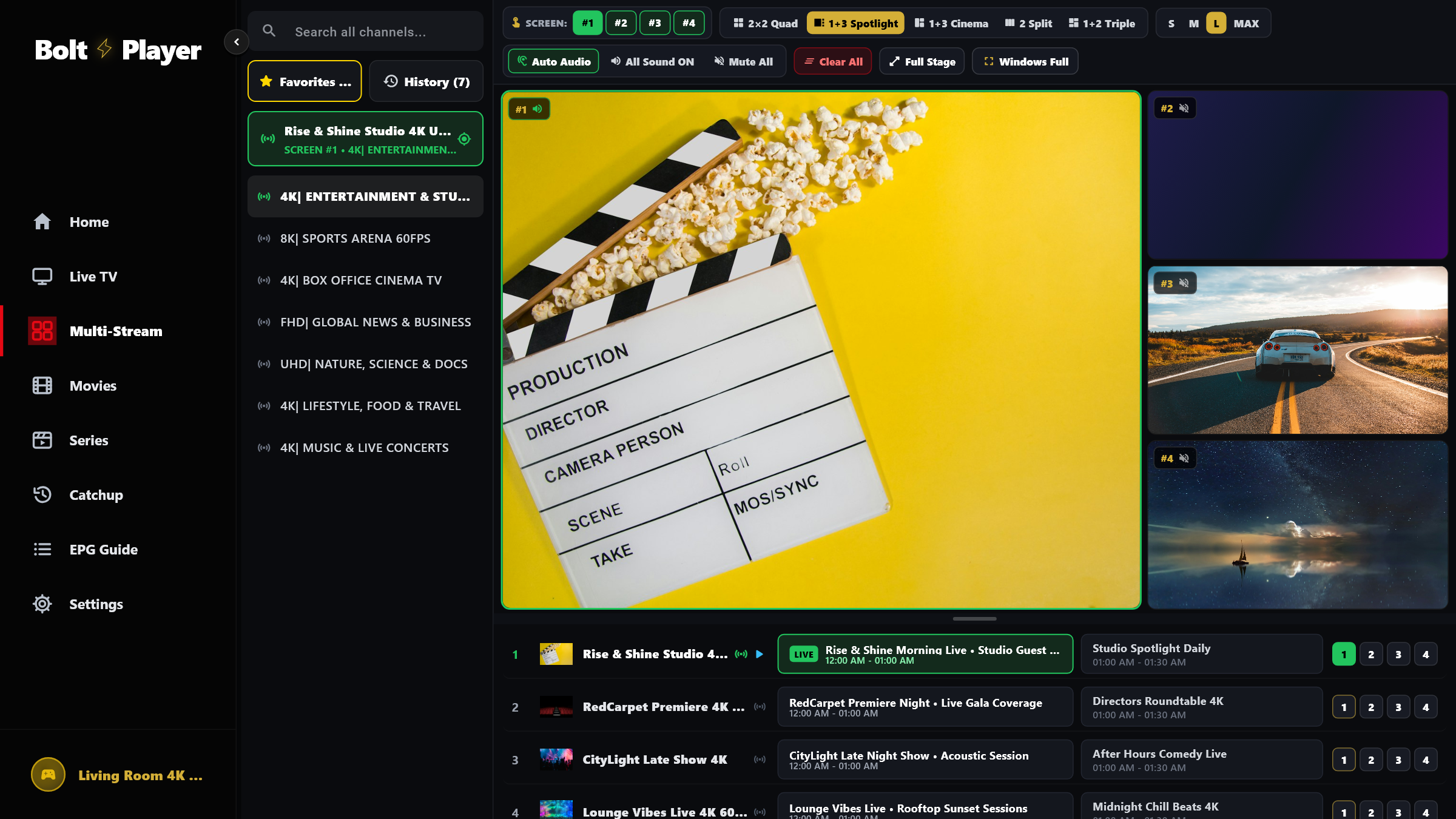 BoltPlayer 4-Screen Multiview Layouts